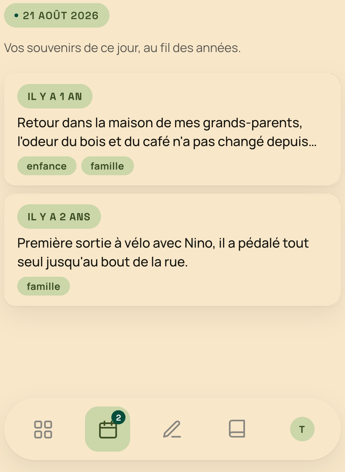 Onglet Anniversaire de l'app Fragments montrant des souvenirs des années précédentes