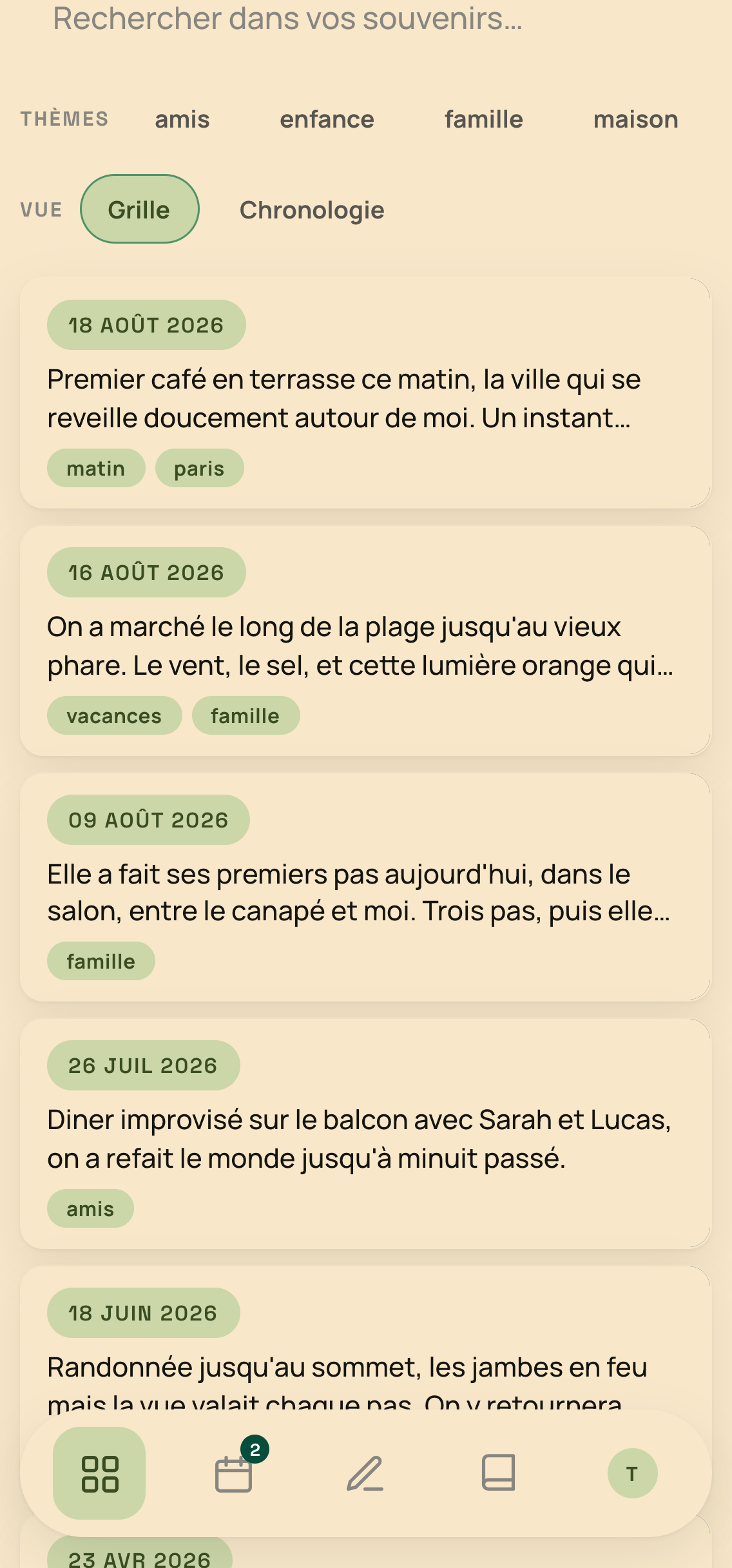 Vue Collection de l'app Fragments avec recherche et filtres par thème