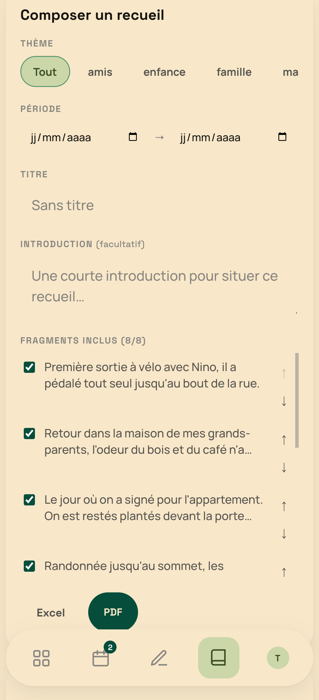 Composeur de recueil de l'app Fragments avec aperçu manuscrit