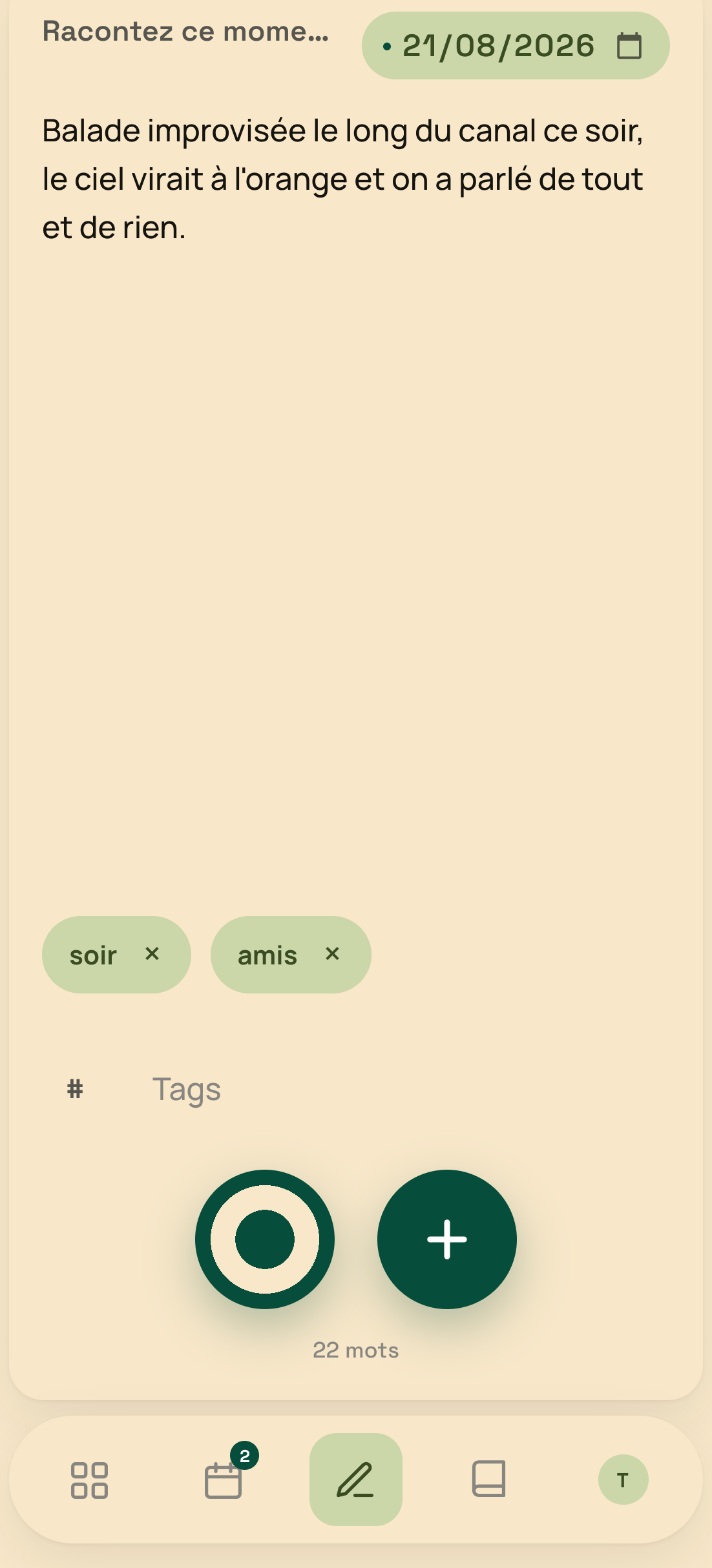 Écran de saisie de l'app Fragments avec dictée vocale et tags